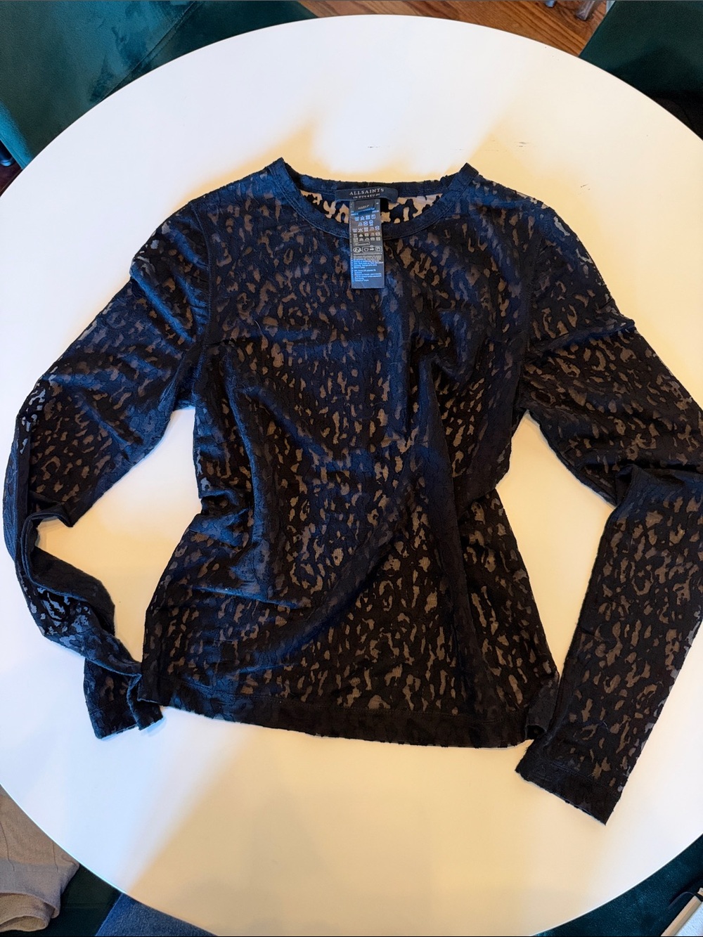 All Saints Black Sheer Leopard-Print Long Sleeve Tee